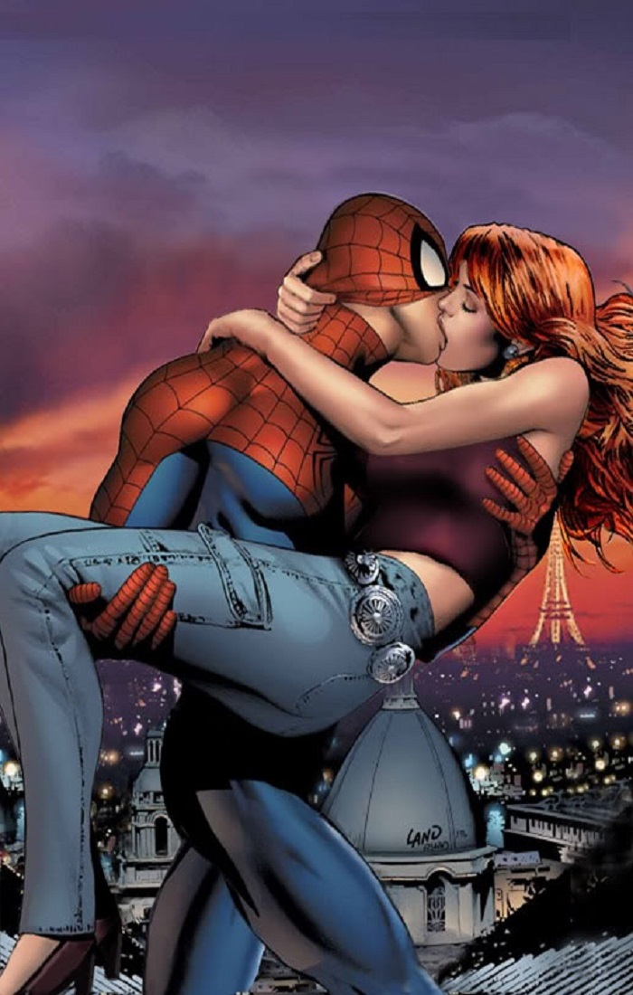 Spider-Man kissing Mary Jane.